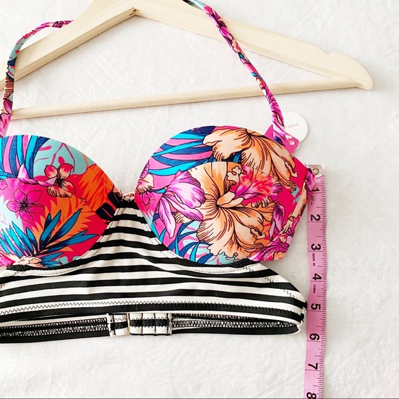 NWT Push Up Cut Out Tropical Floral Print and Stripes Bikini Top - Picture 3 of 8